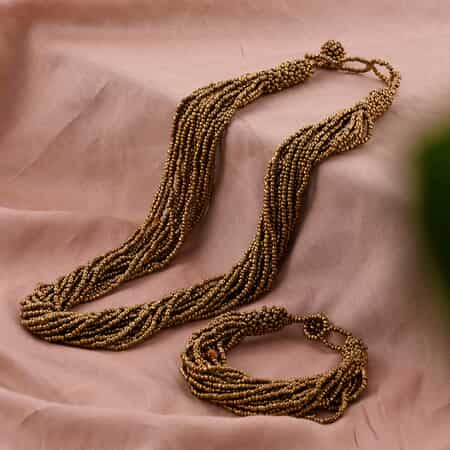 Golden Glass Seed Beaded Multi Strand Necklace 18 Inches and Stretch Bracelet image number 1