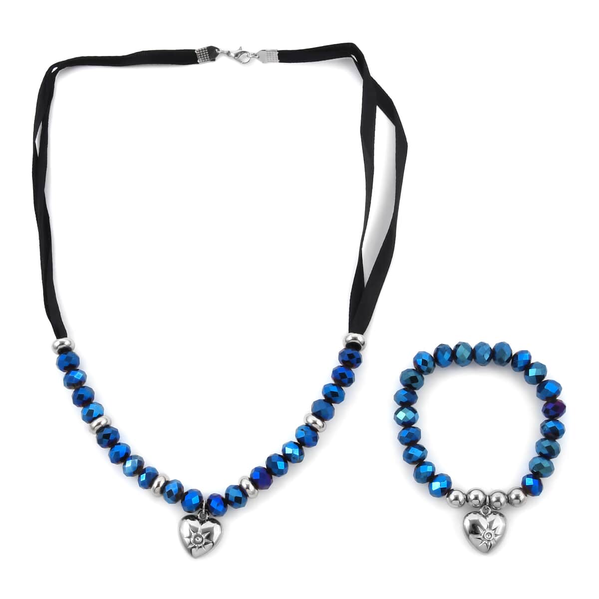 Blue Austrian Crystal, Seed Beaded Necklace 20 Inches and Bracelet in Silvertone image number 0