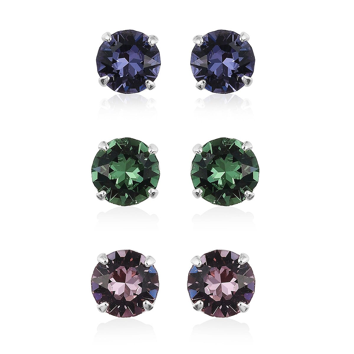 Erinite, Light Amethyst and Tanzanite Color Crystal Set of 3 Solitaire Stud Earrings in Sterling Silver