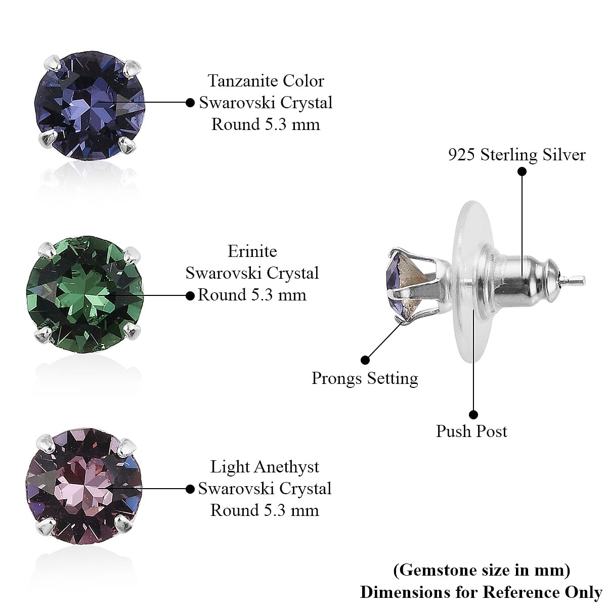 Erinite, Light Amethyst and Tanzanite Color Crystal Set of 3 Solitaire Stud Earrings in Sterling Silver
