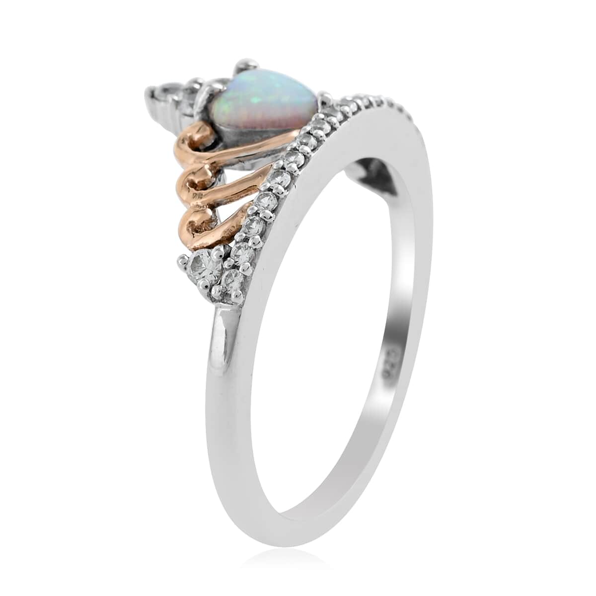 10K Rose Gold Natural Australian Opal and Zircon Ring in Sterling Silver (Size 7.0) 0.70 ctw image number 2