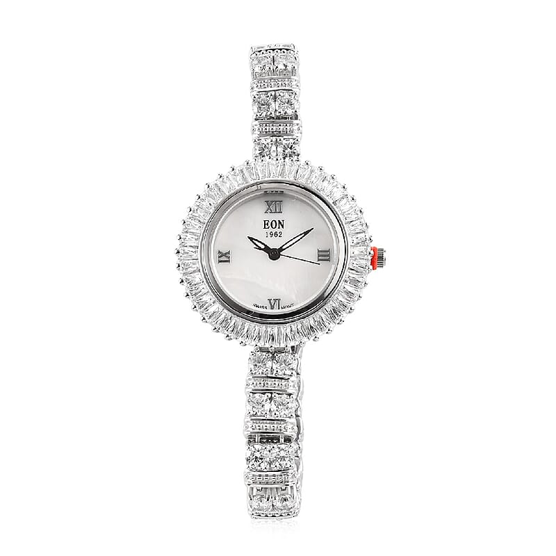 Eon 1962 Swiss Movement Made with Finest CZ Bracelet Watch in Platinum Over Sterling Silver & Stainless Steel (7.25 In) 25.55 ctw