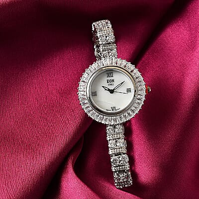 Eon 1962 Swiss Movement Made with Finest CZ Bracelet Watch in Platinum Over Sterling Silver & Stainless Steel (7.25 In) 25.55 ctw