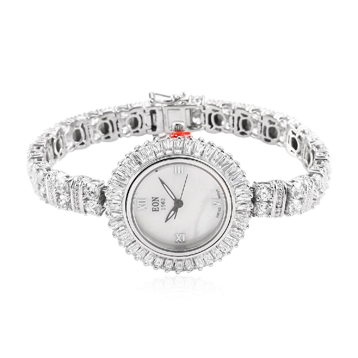 Eon 1962 Swiss Movement Made with Finest CZ Bracelet Watch in Platinum Over Sterling Silver & Stainless Steel (7.25 In) 25.55 ctw image number 3