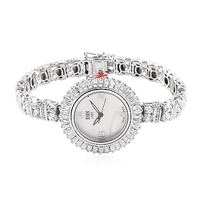 Eon 1962 Swiss Movement Made with Finest CZ Bracelet Watch in Platinum Over Sterling Silver & Stainless Steel (7.25 In) 25.55 ctw