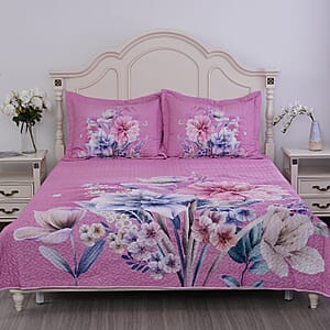Homesmart Pink Floral Digital Print 100% Microfiber Quilted Bedspread and 2 Pillow Shams - King