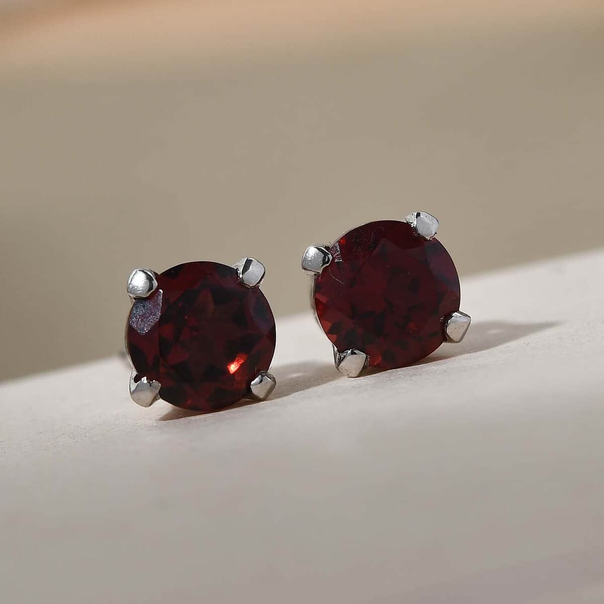 Mozambique Garnet Earrings, Stud Earrings For Women, Solitaire Earrings, Round Shape Garnet Solitaire, Platinum Plated Sterling Silver Earrings 2.00 ctw image number 3