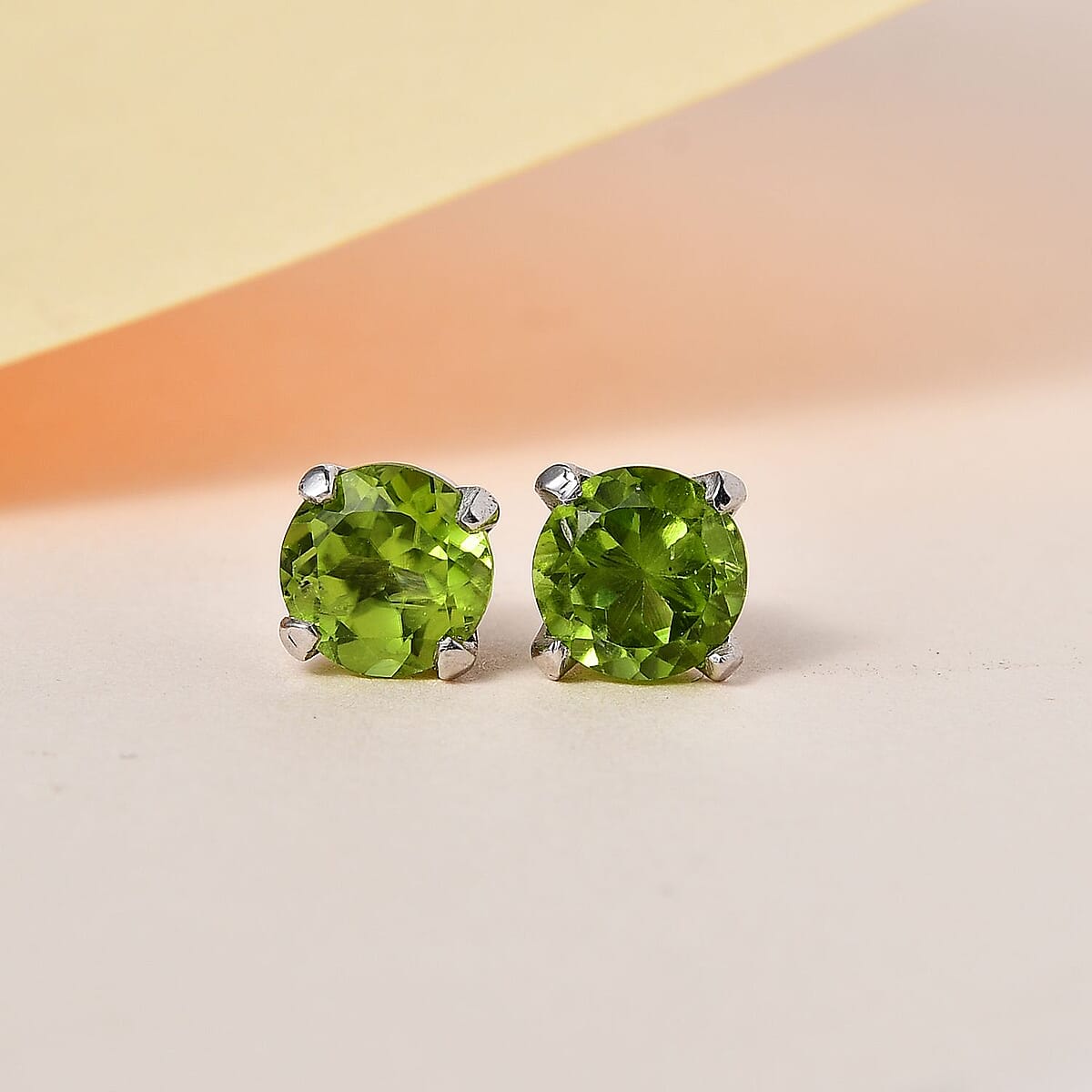 D'Joy Peridot Earrings,Stud Earrings For Women, Solitaire Earrings, Round Shape Peridot Solitaire, Platinum Plated Sterling Silver Earrings 1.80 ctw image number 1