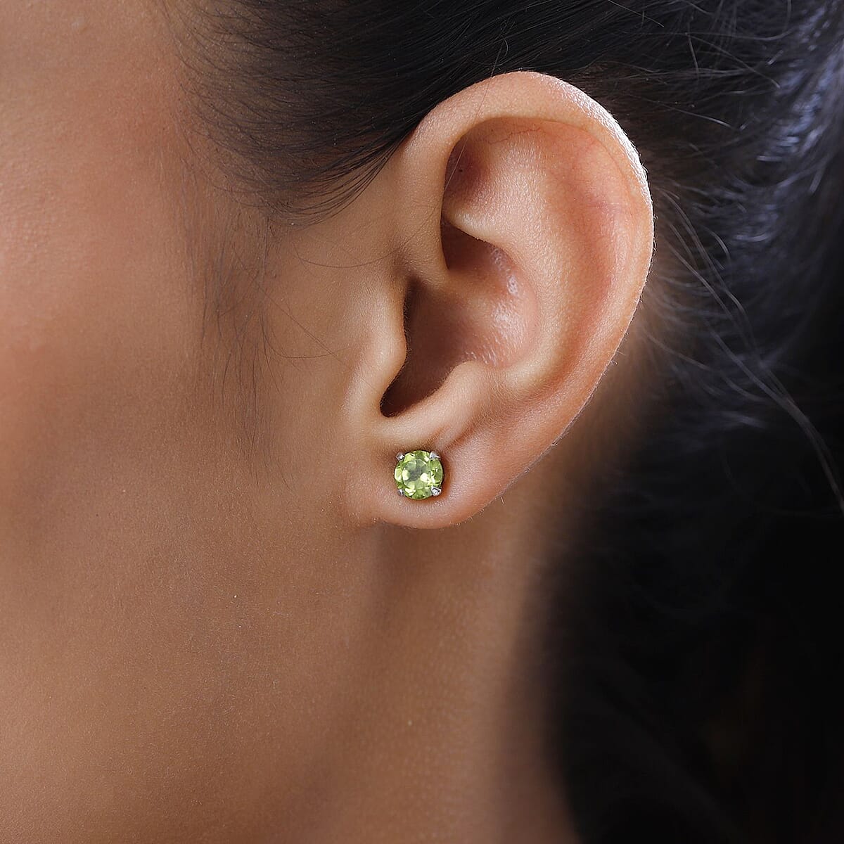 D'Joy Peridot Earrings,Stud Earrings For Women, Solitaire Earrings, Round Shape Peridot Solitaire, Platinum Plated Sterling Silver Earrings 1.80 ctw image number 2