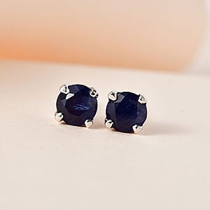 Madagascar Blue Sapphire Earrings, Stud Earrings For Women, Solitaire Earrings, Round Shape Citrine Solitaire, Platinum Plated Sterling Silver Earrings 2.15 ctw