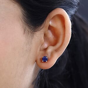 Madagascar Blue Sapphire Earrings, Stud Earrings For Women, Solitaire Earrings, Round Shape Citrine Solitaire, Platinum Plated Sterling Silver Earrings 2.15 ctw