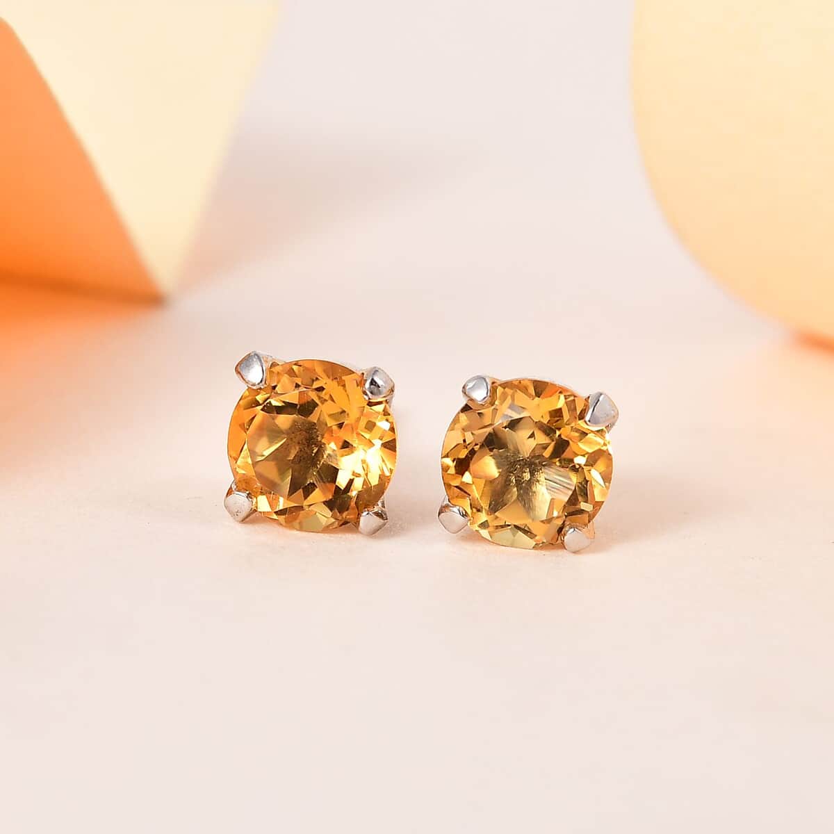 Brazilian Citrine Earrings, Stud Earrings For Women, Solitaire Earrings, Round Shape Citrine Solitaire, Platinum Plated Sterling Silver Earrings 1.50 ctw image number 1