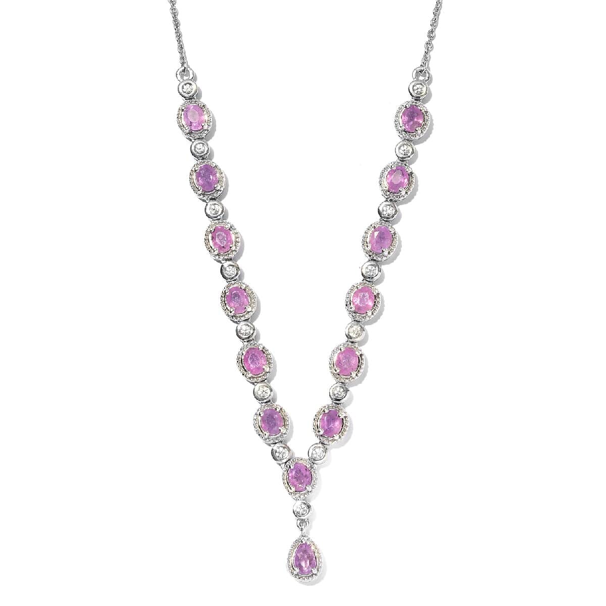 Ilakaka Hot Pink Sapphire (FF) and Zircon Necklace 18 Inches in Platinum Over Sterling Silver 7.80 ctw image number 0