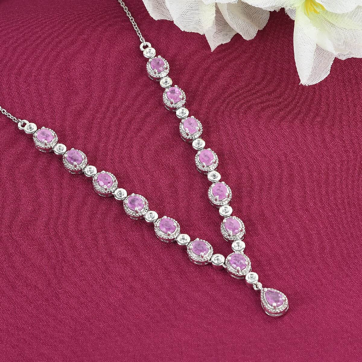 Ilakaka Hot Pink Sapphire (FF) and Zircon Necklace 18 Inches in Platinum Over Sterling Silver 7.80 ctw image number 1