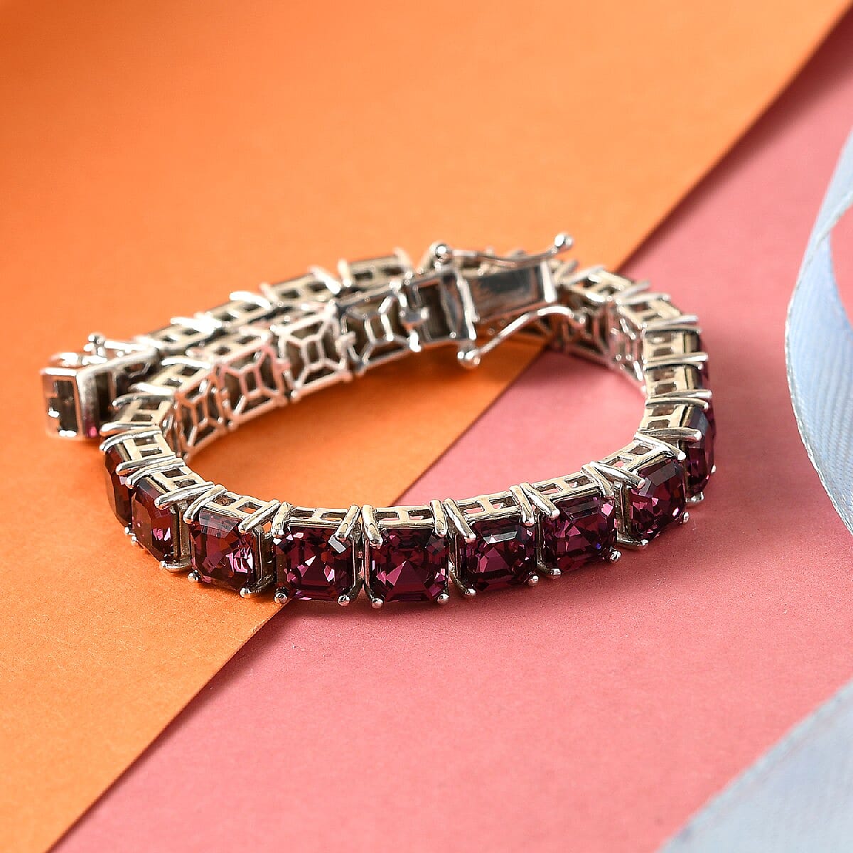 Asscher Cut Amethyst Color Crystal Tennis Bracelet in Platinum Over Sterling Silver (7.25 In) 13.50 Grams image number 1