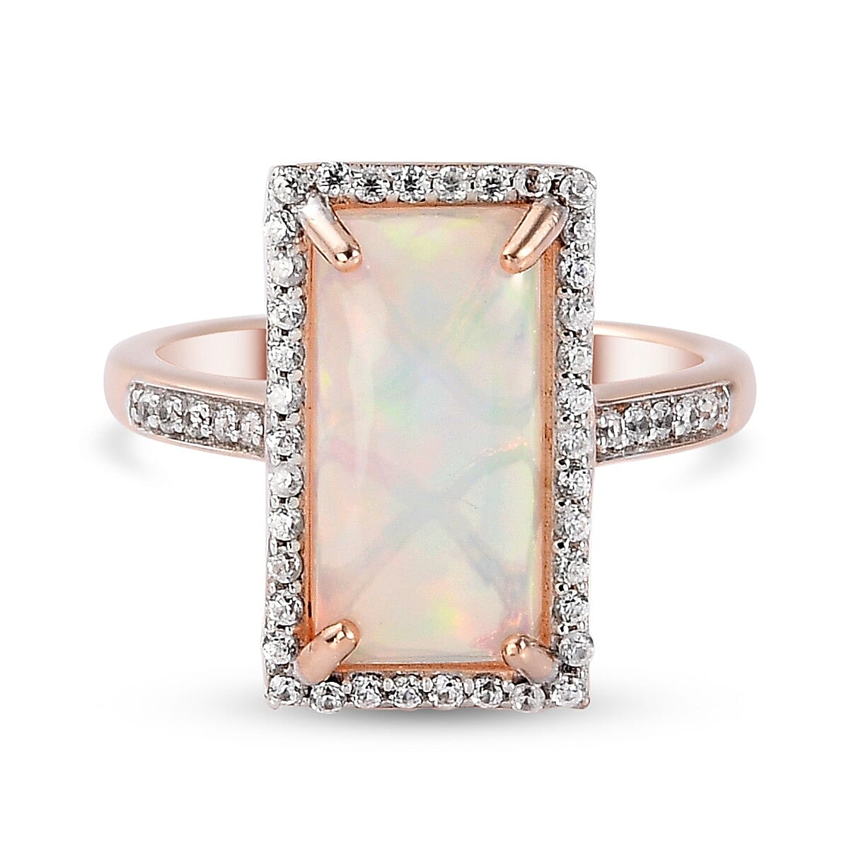 Ethiopian Welo Opal and Zircon 4.62 ctw Ring in Vermeil Rose Gold Over Sterling Silver (Size 9.0)