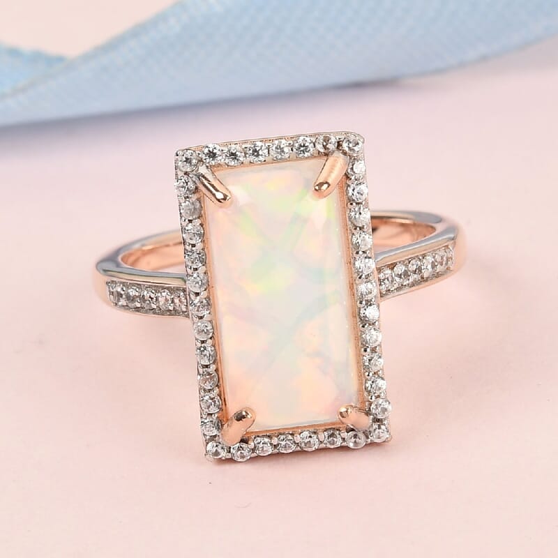 Ethiopian Welo Opal and Zircon 4.62 ctw Ring in Vermeil Rose Gold Over Sterling Silver (Size 9.0)