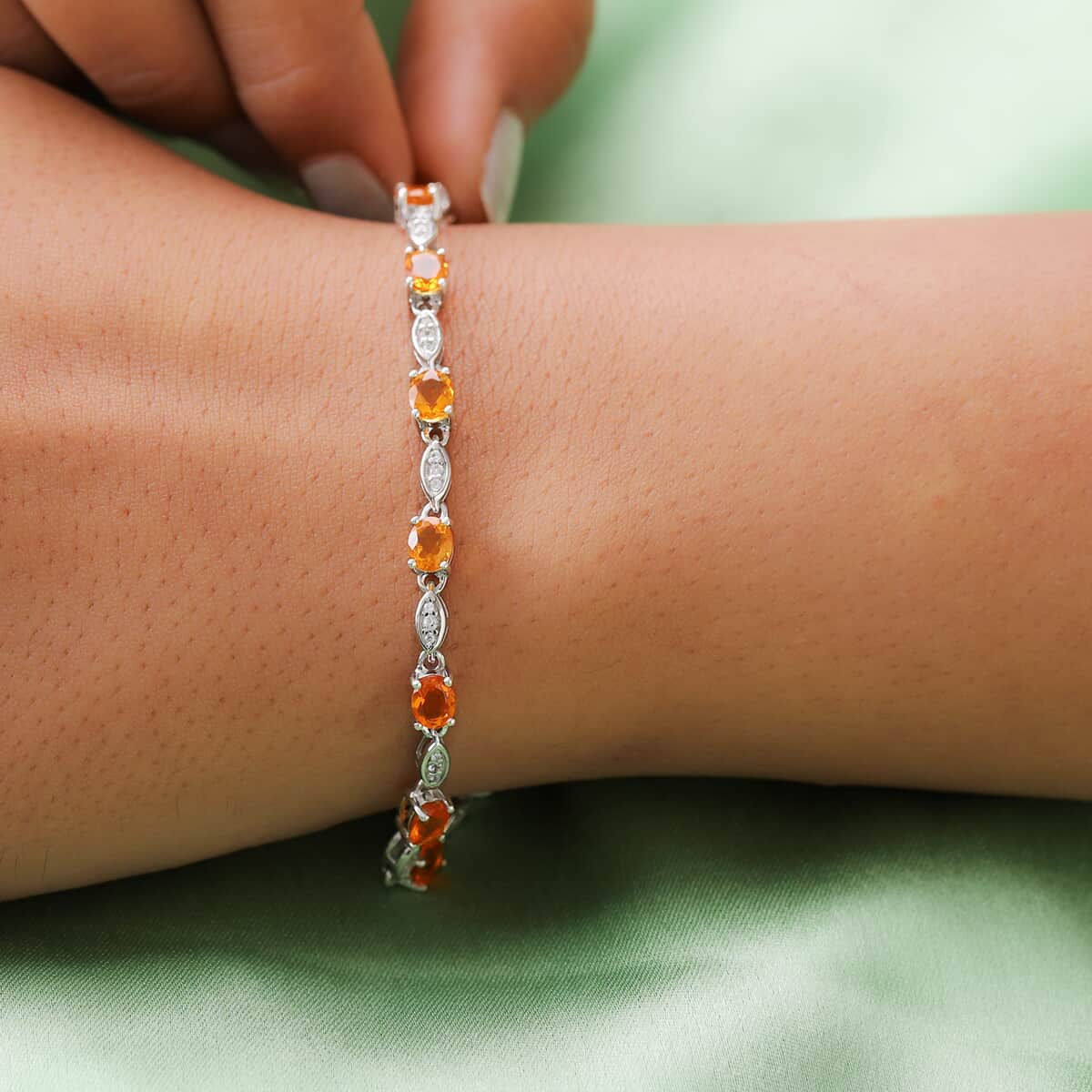 Jalisco Fire Opal and White Zircon Station Bracelet in Platinum Over Sterling Silver (7.25 In) 8.40 Grams 3.80 ctw image number 2