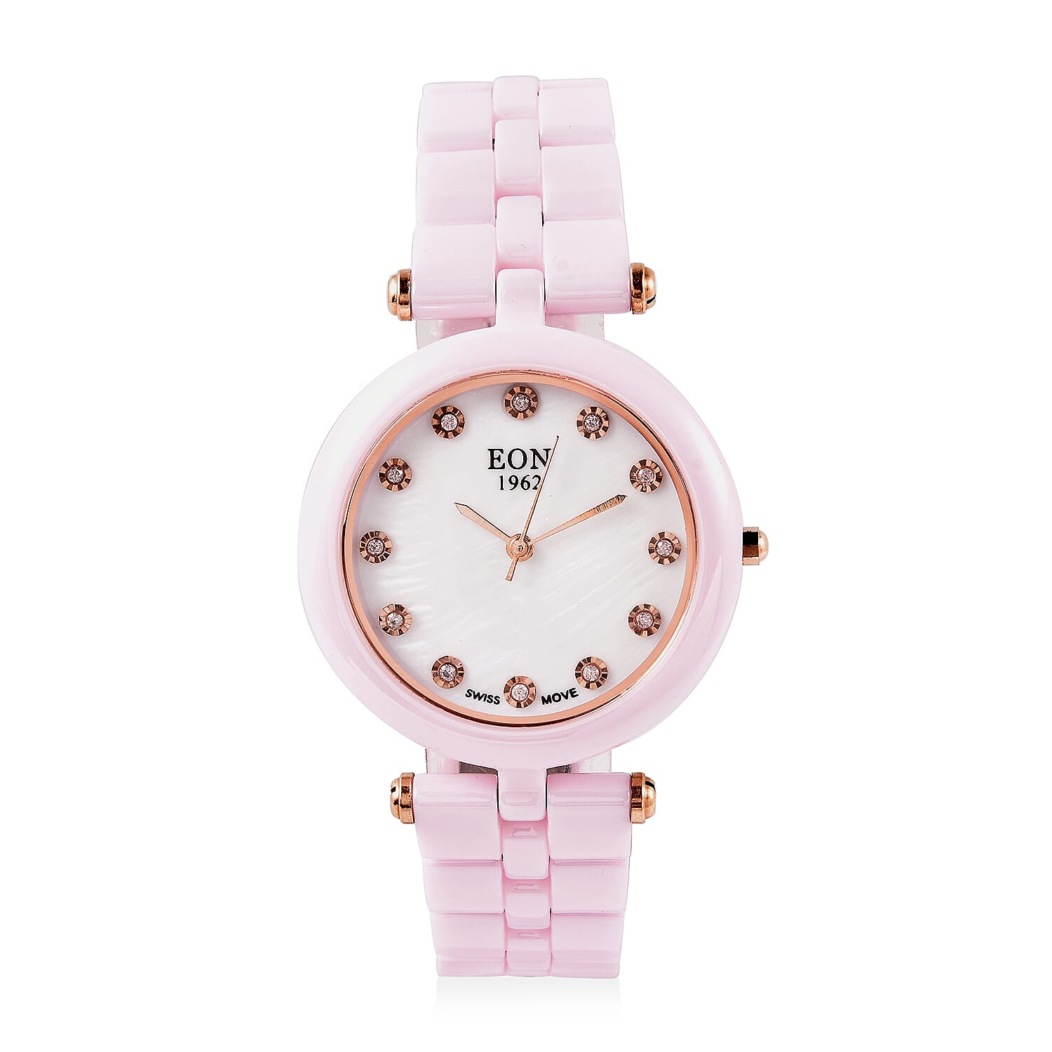EON 1962 Natural Pink Diamond Swiss Movement MOP Dial Watch with Pink Ceramic Strap 0.10ctw