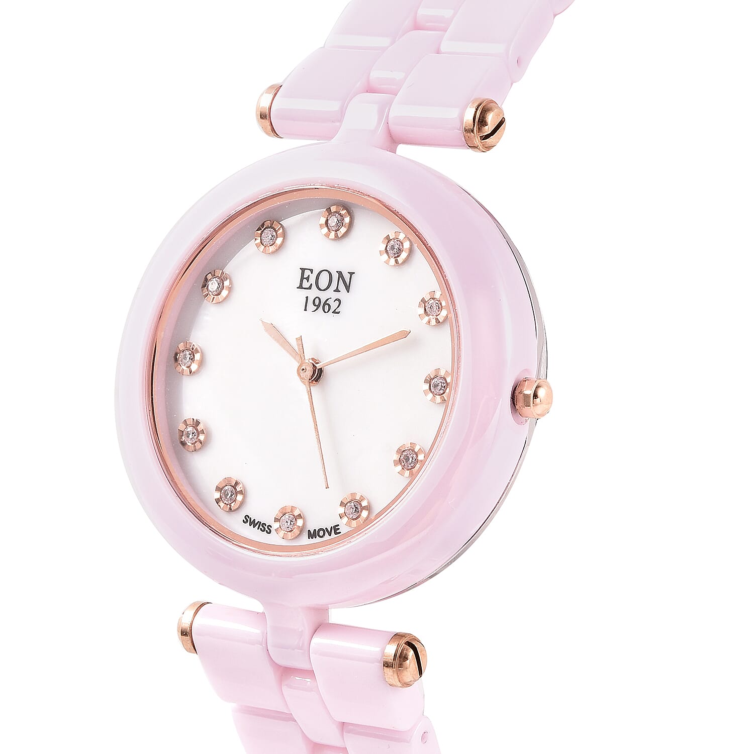 EON 1962 Natural Pink Diamond Swiss Movement MOP Dial Watch with Pink Ceramic Strap 0.10ctw