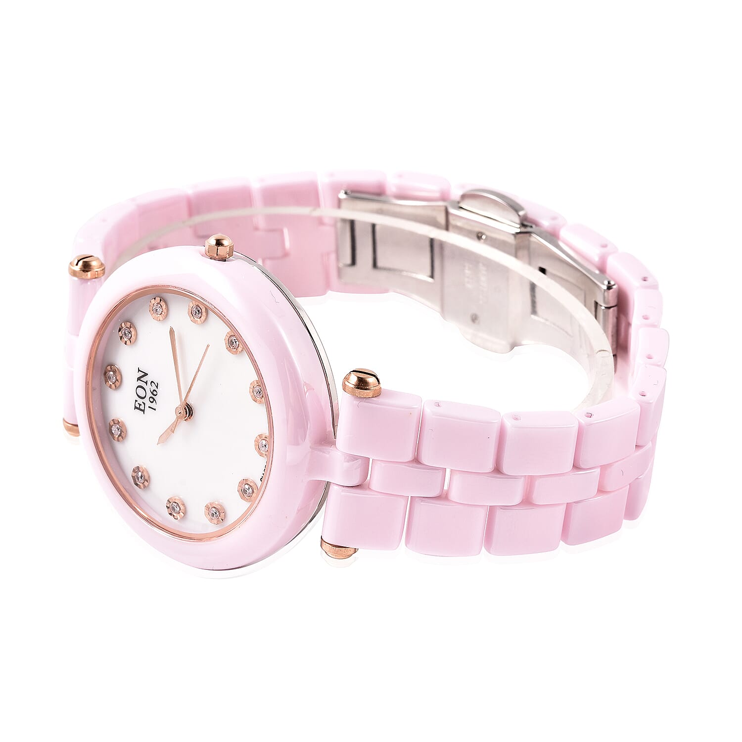 EON 1962 Natural Pink Diamond Swiss Movement MOP Dial Watch with Pink Ceramic Strap 0.10ctw
