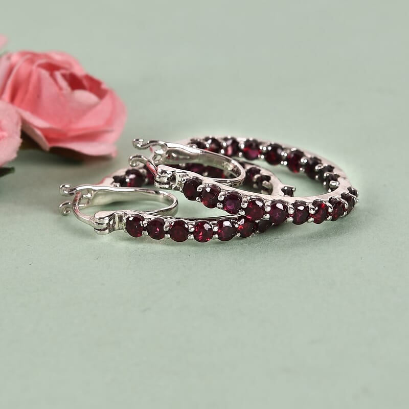Anthill Garnet Inside Out Hoop Earrings in Platinum Over Sterling Silver 3.50 ctw