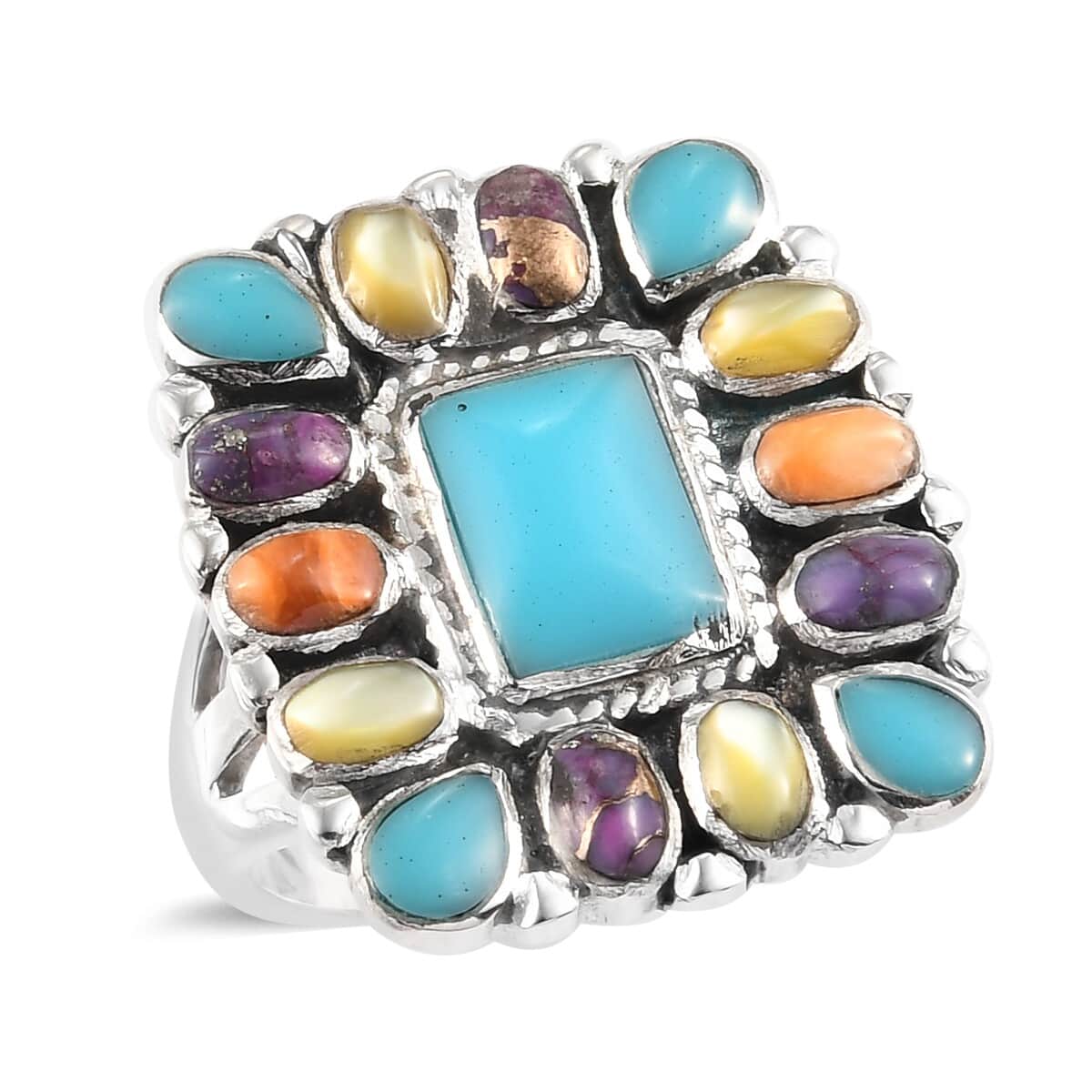 SANTA FE Style Kingman Turquoise and Multi Gemstone Ring in Black Oxidized Sterling Silver (Size 6.0) 5.50 ctw image number 0
