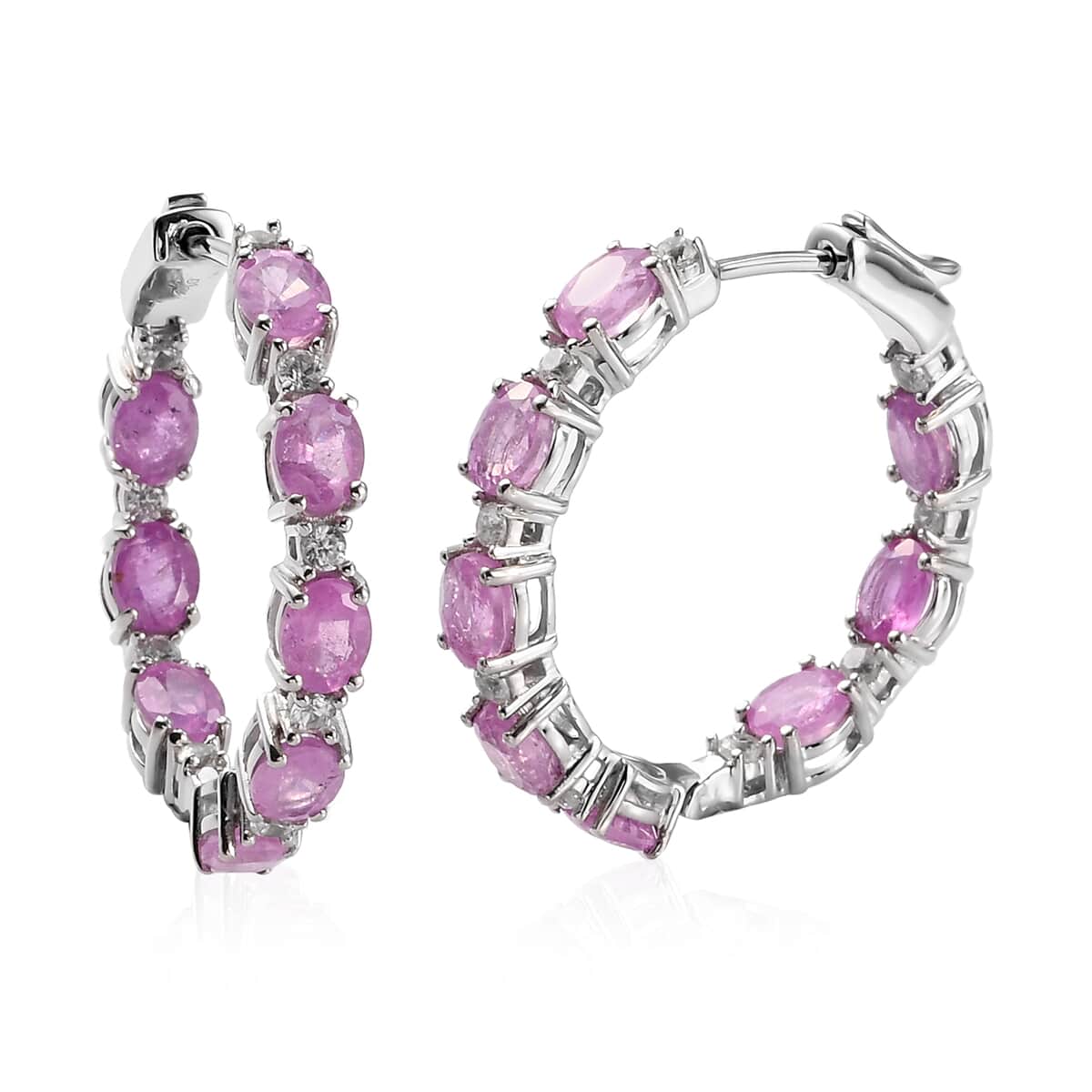 Ilakaka Hot Pink Sapphire (FF) and Zircon Hoop Earrings in Platinum Over Sterling Silver 8.60 ctw image number 0