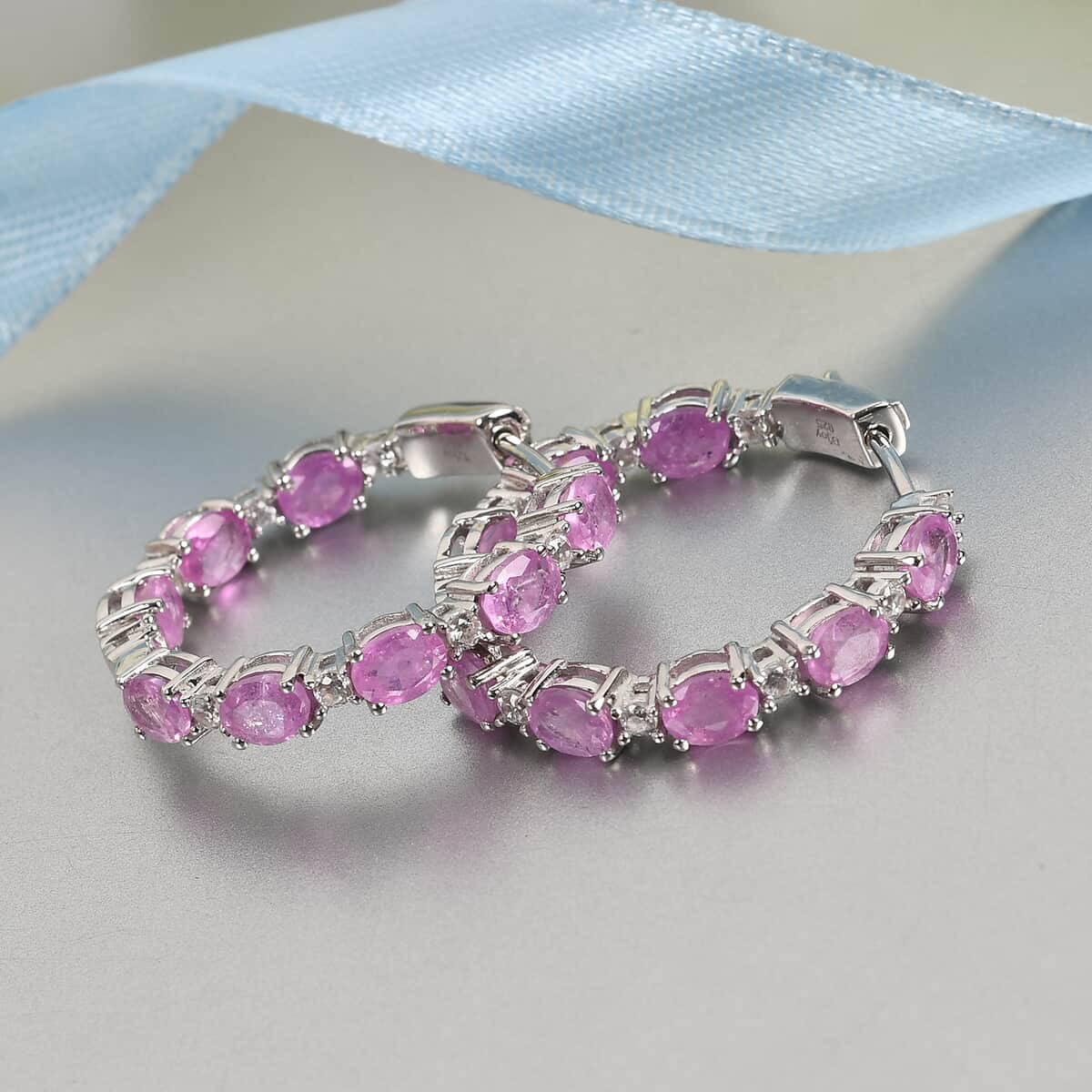 Ilakaka Hot Pink Sapphire (FF) and Zircon Hoop Earrings in Platinum Over Sterling Silver 8.60 ctw image number 1