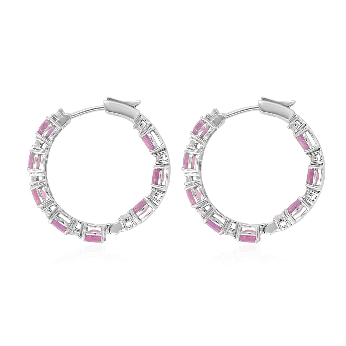 Ilakaka Hot Pink Sapphire (FF) and Zircon Hoop Earrings in Platinum Over Sterling Silver 8.60 ctw image number 2