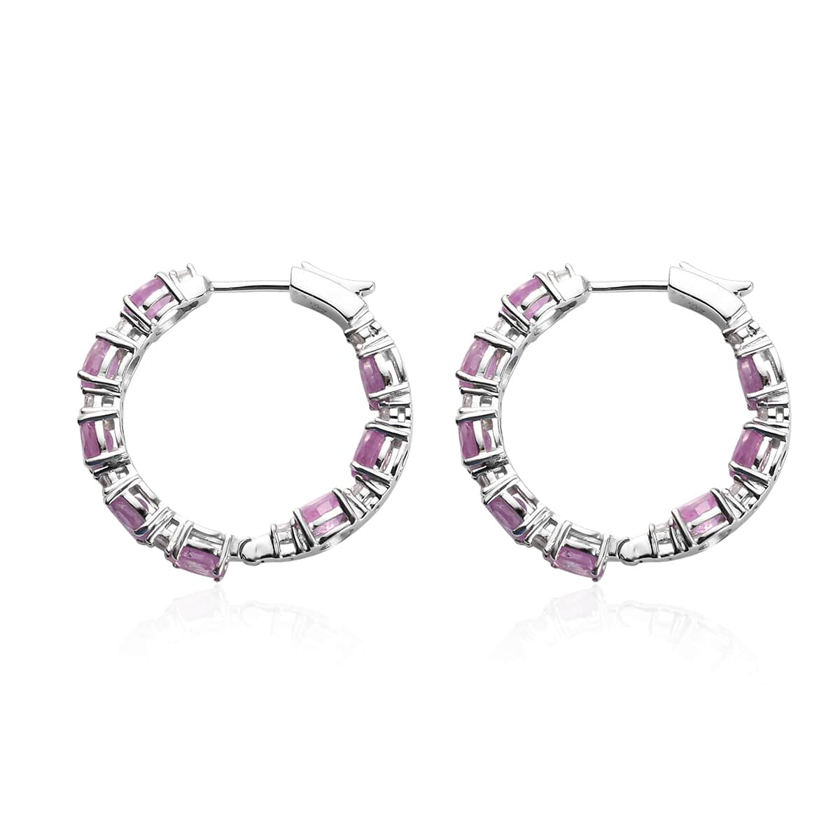 Ilakaka Hot Pink Sapphire (FF) and Zircon Hoop Earrings in Platinum Over Sterling Silver 8.60 ctw image number 3