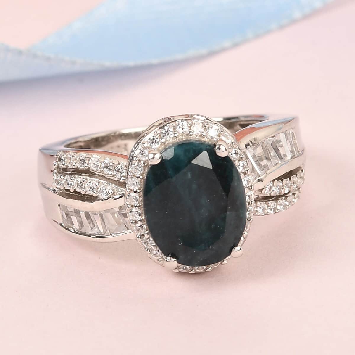 Teal Grandidierite and Zircon Ring in Platinum Over Sterling Silver (Size 8.0) 3.75 ctw image number 1