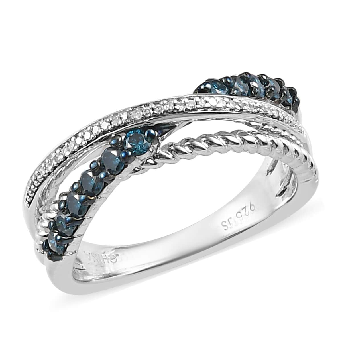 Blue Diamond and Diamond Ring in Platinum Over Sterling Silver (Size 7.0) 0.50 ctw image number 0