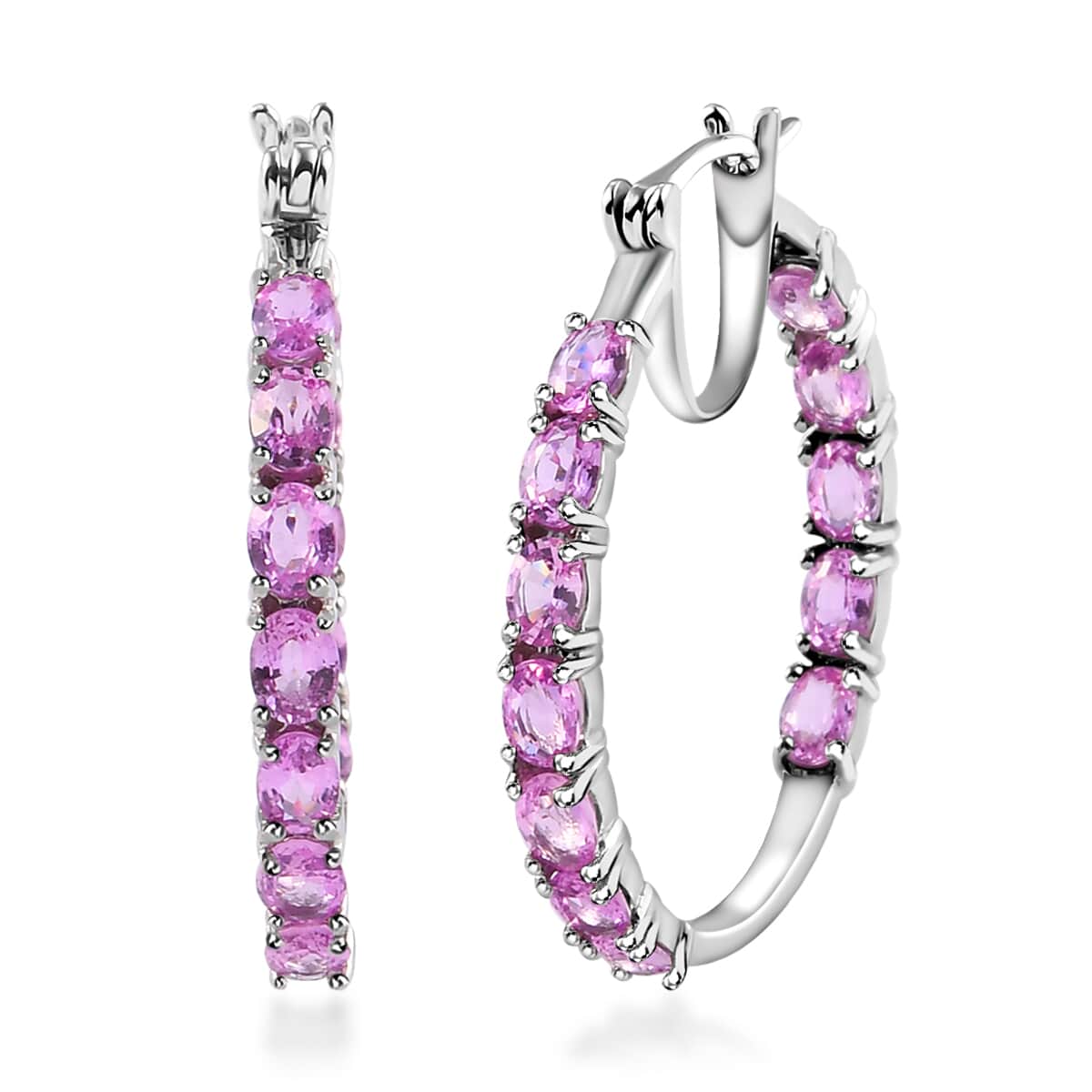 Madagascar Pink Sapphire Inside Out Hoop Earrings in Platinum Over Sterling Silver 3.90 ctw image number 0