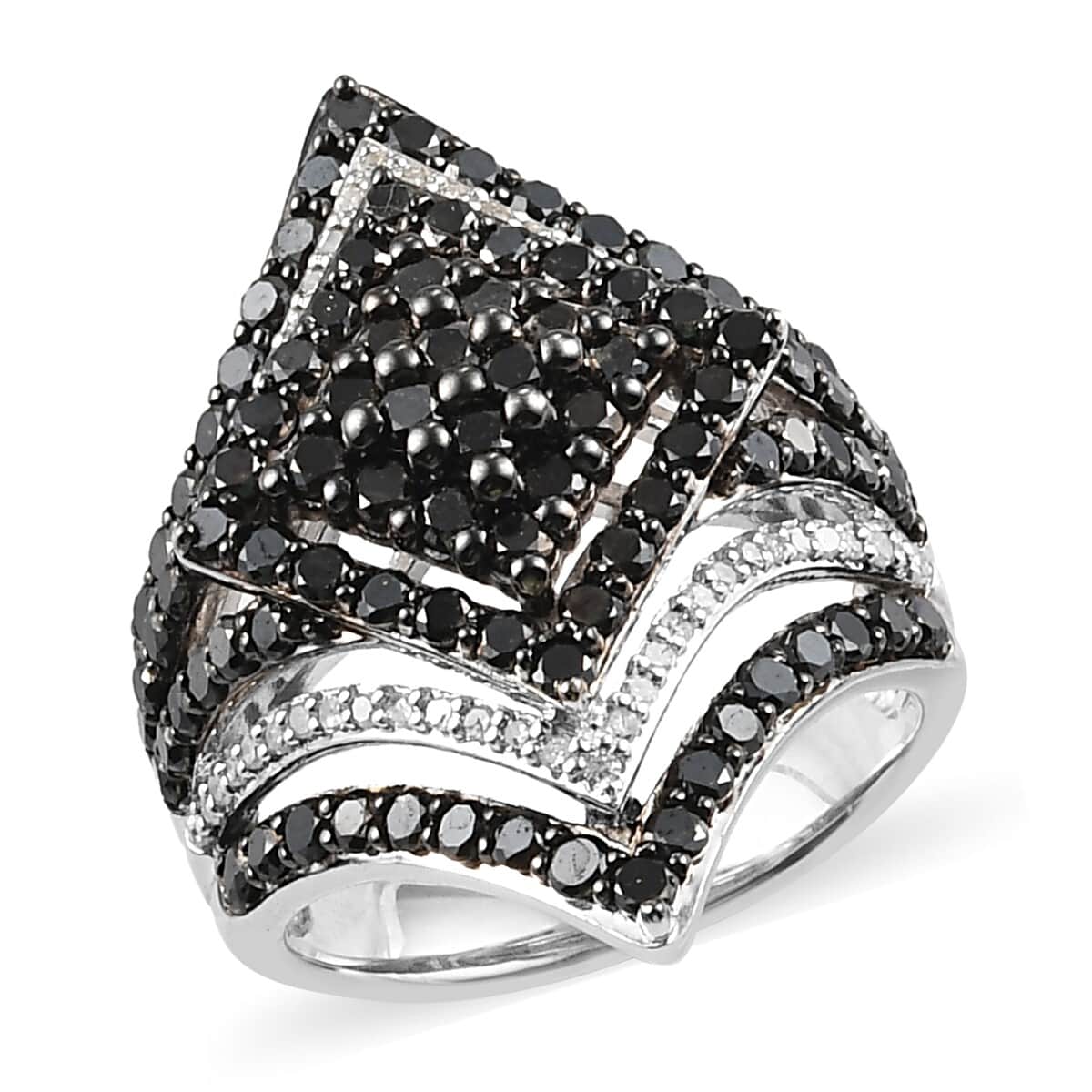 Black Diamond and Diamond Ring in Platinum Over Sterling Silver (Size 7.0) 9.10 Grams 1.80 ctw image number 0