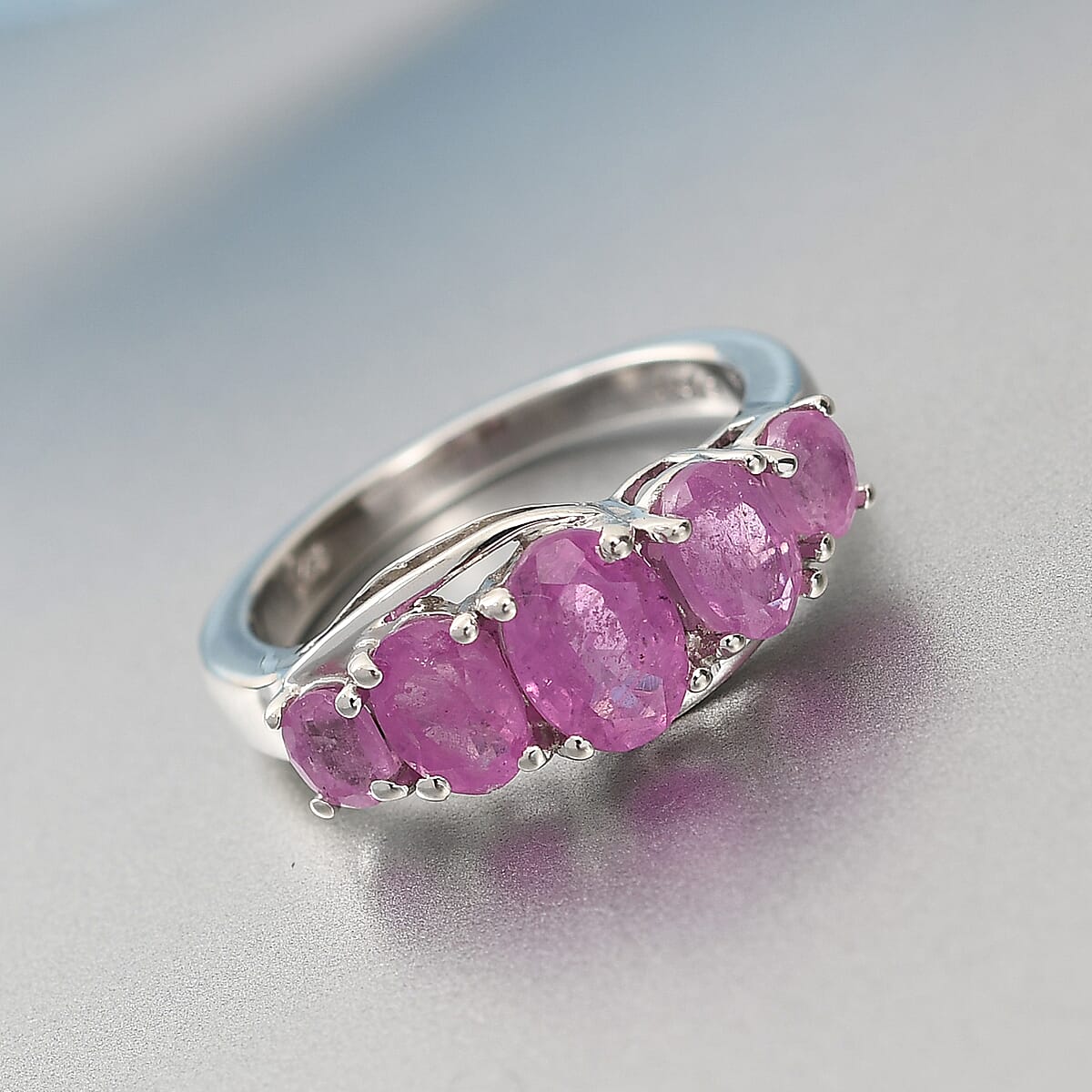 Ilakaka Hot Pink Sapphire 5 Stone Ring in Platinum Over Sterling Silver (Size 7.0) 3.20 ctw image number 1