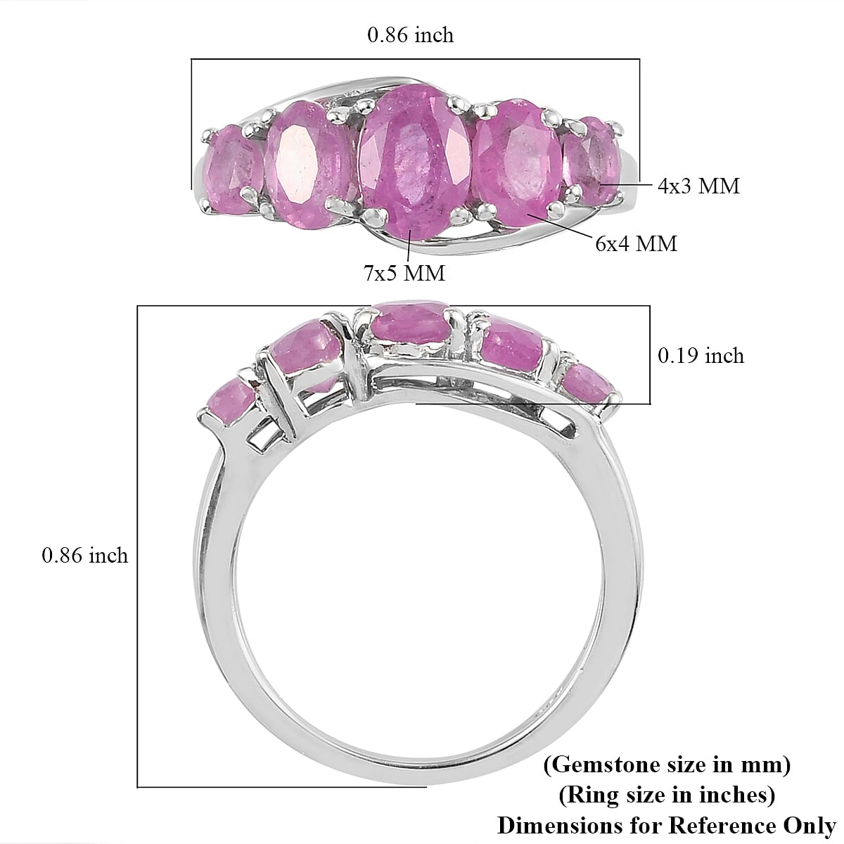 Ilakaka Hot Pink Sapphire 5 Stone Ring in Platinum Over Sterling Silver (Size 7.0) 3.20 ctw image number 5