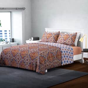 Homesmart Orange and Blue Printed Microfiber Quilt (Queen) and Set of 2 Shams, Quilt Set, Comforter Set, Bed Comforters