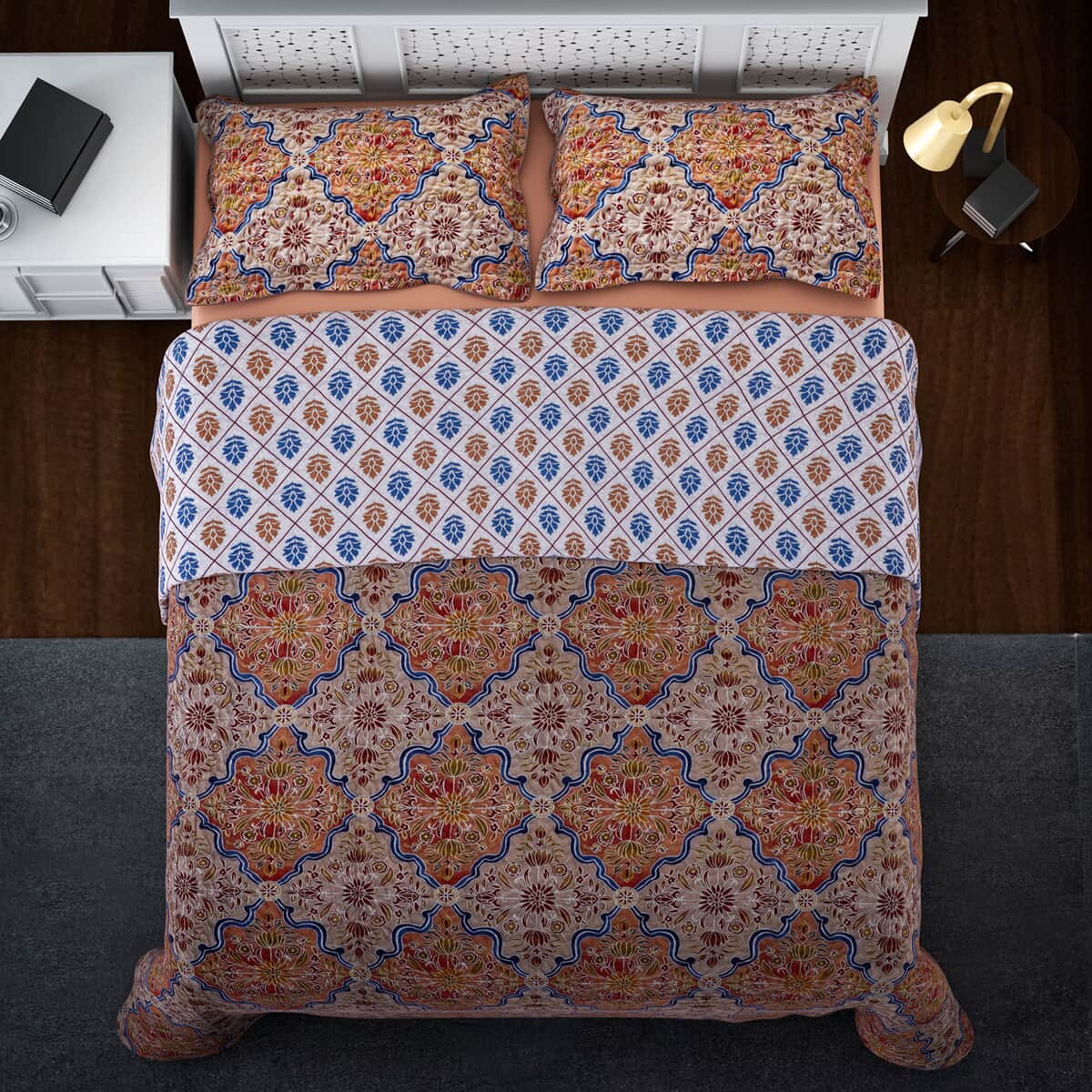 HOMESMART Orange and Blue Printed Microfiber Quilt (Queen) and Set of 2 Shams image number 1
