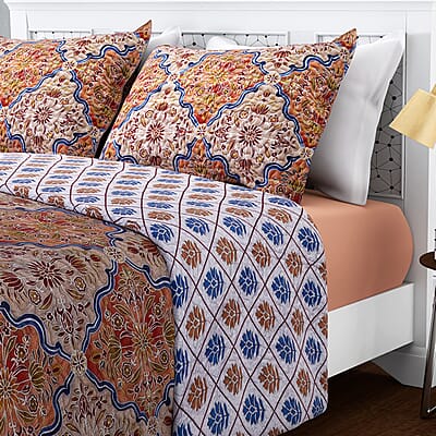 Homesmart Orange and Blue Printed Microfiber Quilt (Queen) and Set of 2 Shams, Quilt Set, Comforter Set, Bed Comforters