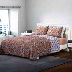 Homesmart Orange and Blue Printed Pattern Microfiber Quilt (King) and Set of 2 Shams , Quilt Set , Comforter Set , Bed Comforters