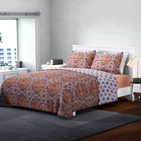 Homesmart Orange and Blue Printed Pattern Microfiber Quilt (King) and Set of 2 Shams , Quilt Set , Comforter Set , Bed Comforters image number 0