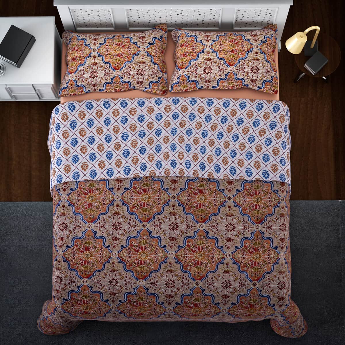 Homesmart Orange and Blue Printed Pattern Microfiber Quilt (King) and Set of 2 Shams , Quilt Set , Comforter Set , Bed Comforters image number 1