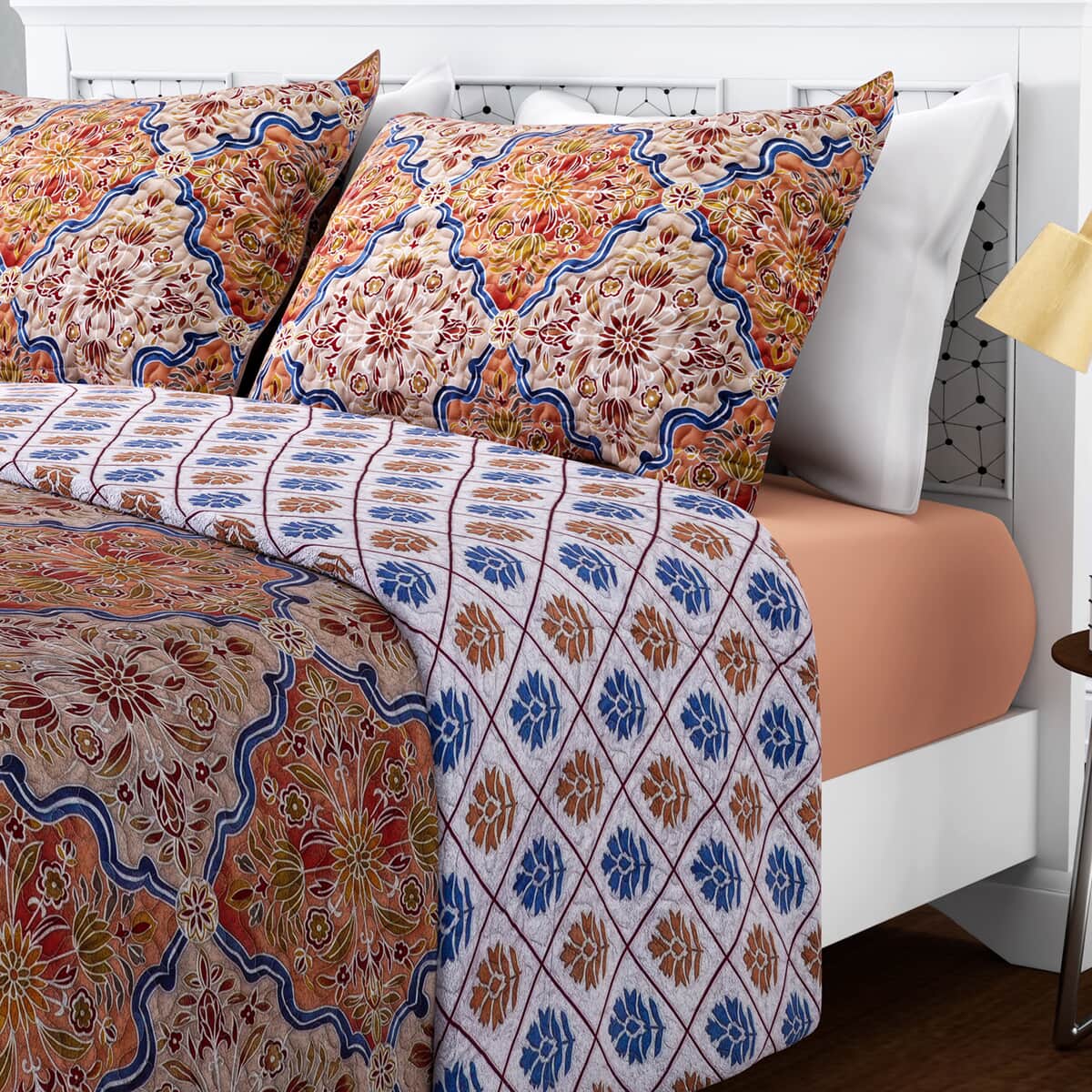 Homesmart Orange and Blue Printed Pattern Microfiber Quilt (King) and Set of 2 Shams , Quilt Set , Comforter Set , Bed Comforters image number 2