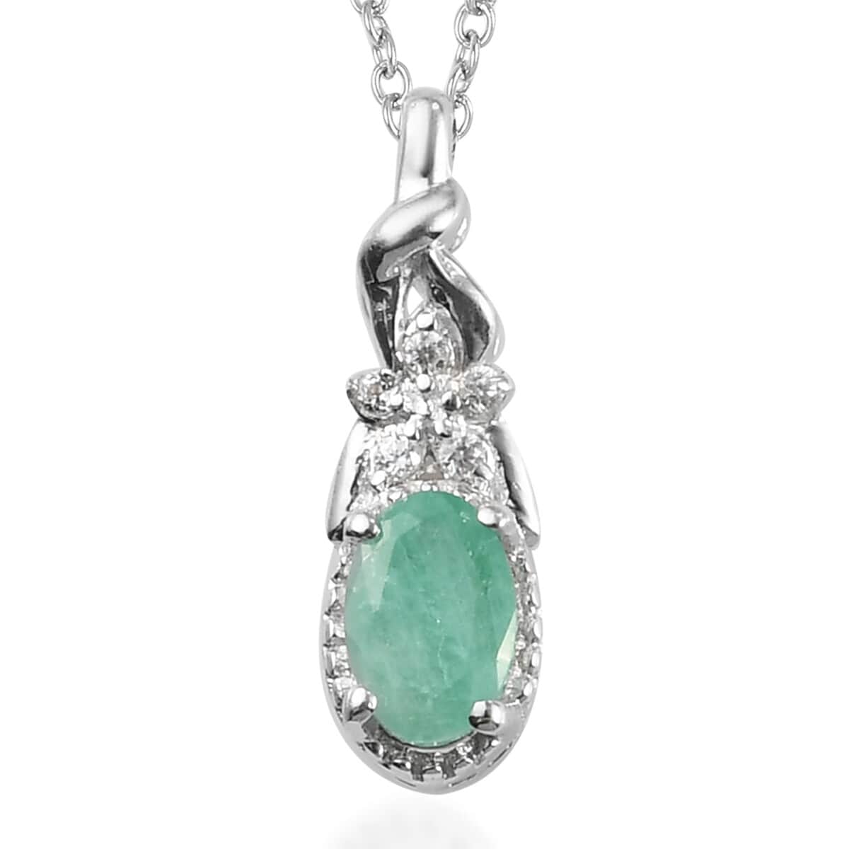 0.60 ctw Kagem Zambian Emerald and Zircon Pendant Necklace 20 Inches in Platinum Over Sterling Silver image number 0