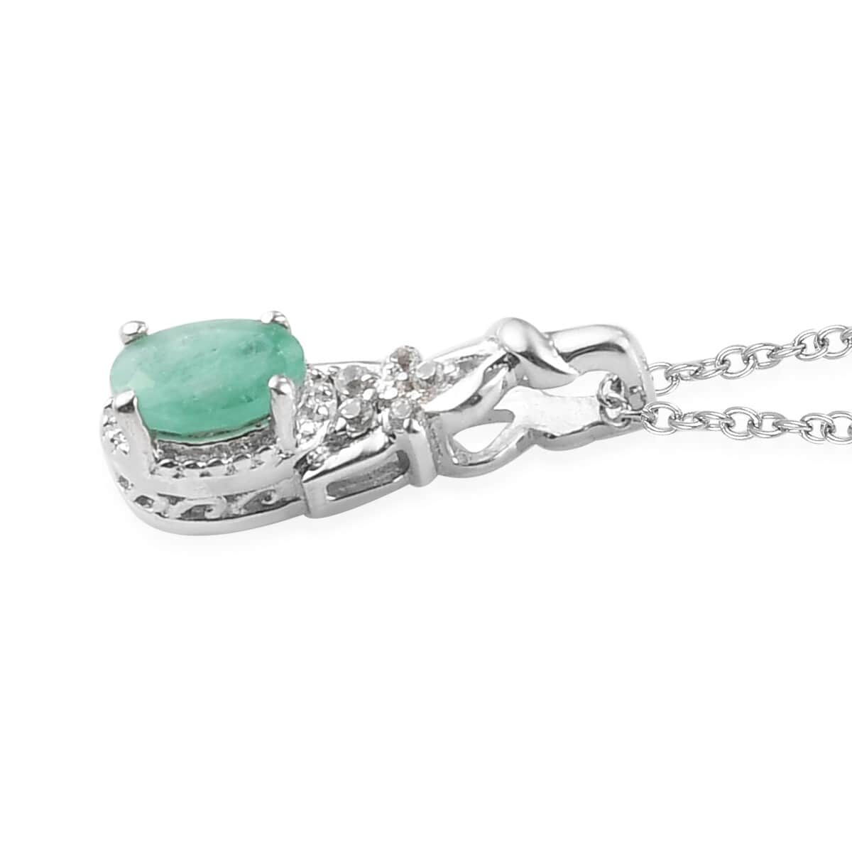 0.60 ctw Kagem Zambian Emerald and Zircon Pendant Necklace 20 Inches in Platinum Over Sterling Silver image number 2