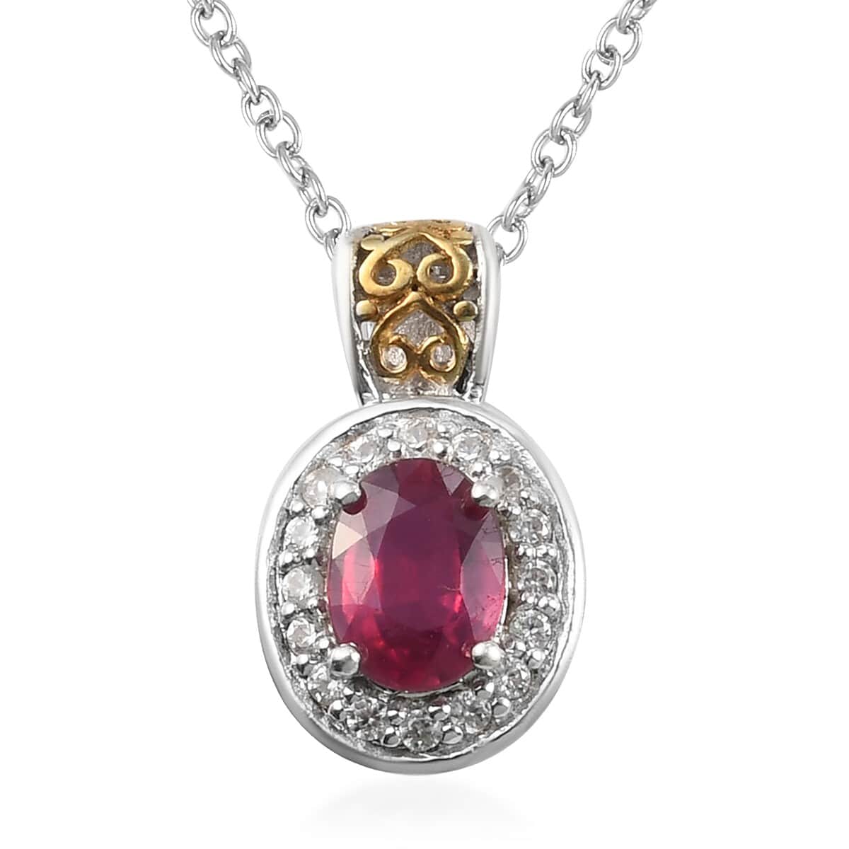 Niassa Ruby (FF) and Zircon Pendant Necklace 20 Inches in Vermeil Yellow Gold and Platinum Over Sterling Silver 1.75 ctw image number 0