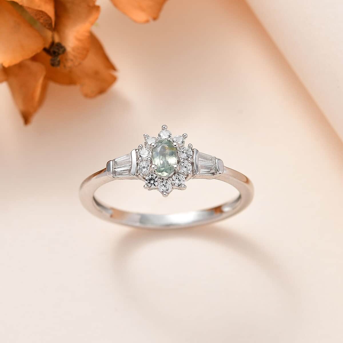 Narsipatnam Alexandrite and White Zircon 0.85 ctw Halo Ring in Platinum Over Sterling Silver (Size 10.0) image number 1