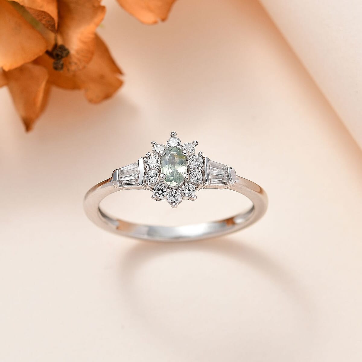 Narsipatnam Alexandrite and White Zircon 0.85 ctw Halo Ring in Platinum Over Sterling Silver (Size 8.0) image number 1