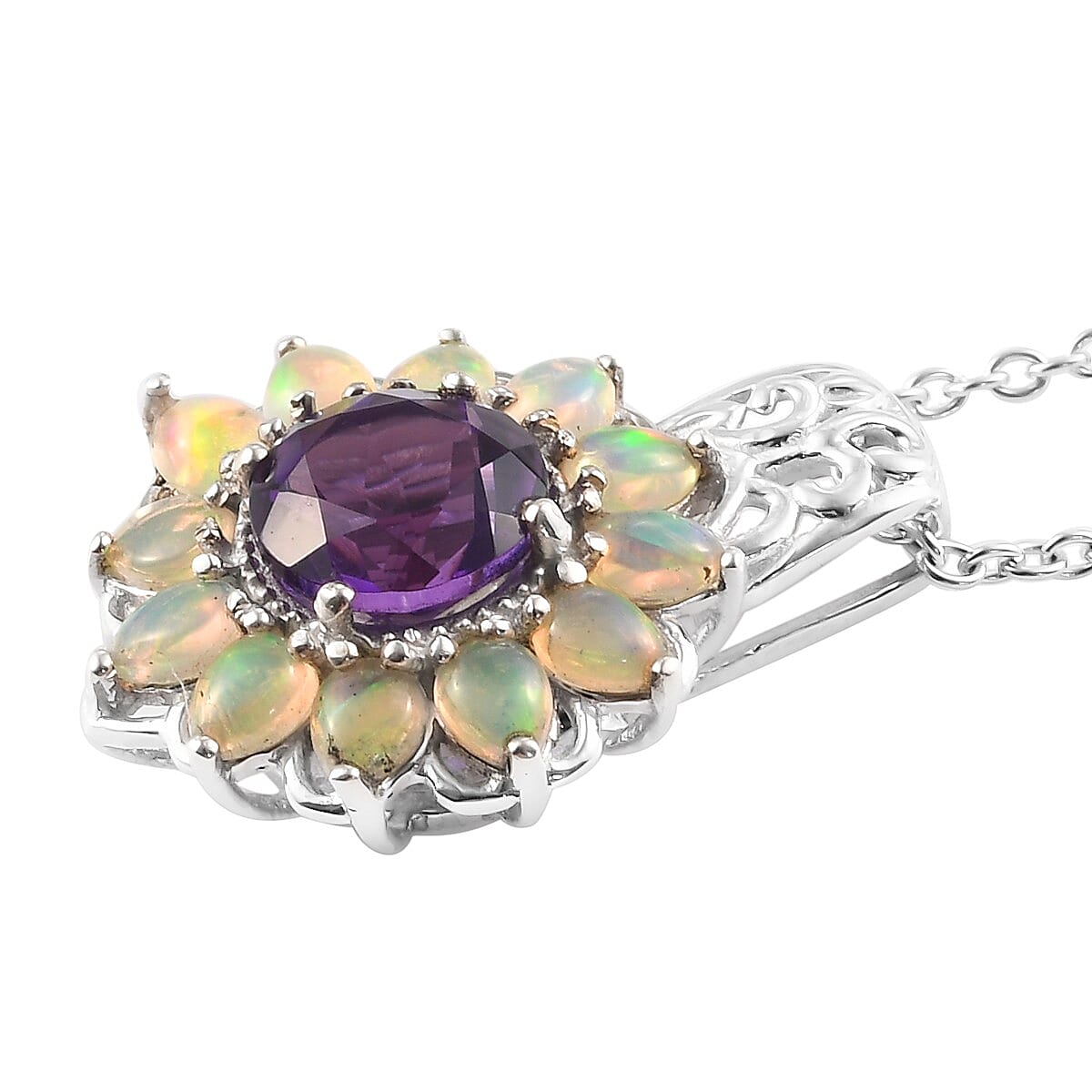 Moroccan Amethyst and Ethiopian Welo Opal Pendant Necklace 20 Inches in Platinum Over Sterling Silver 5.25 ctw image number 2